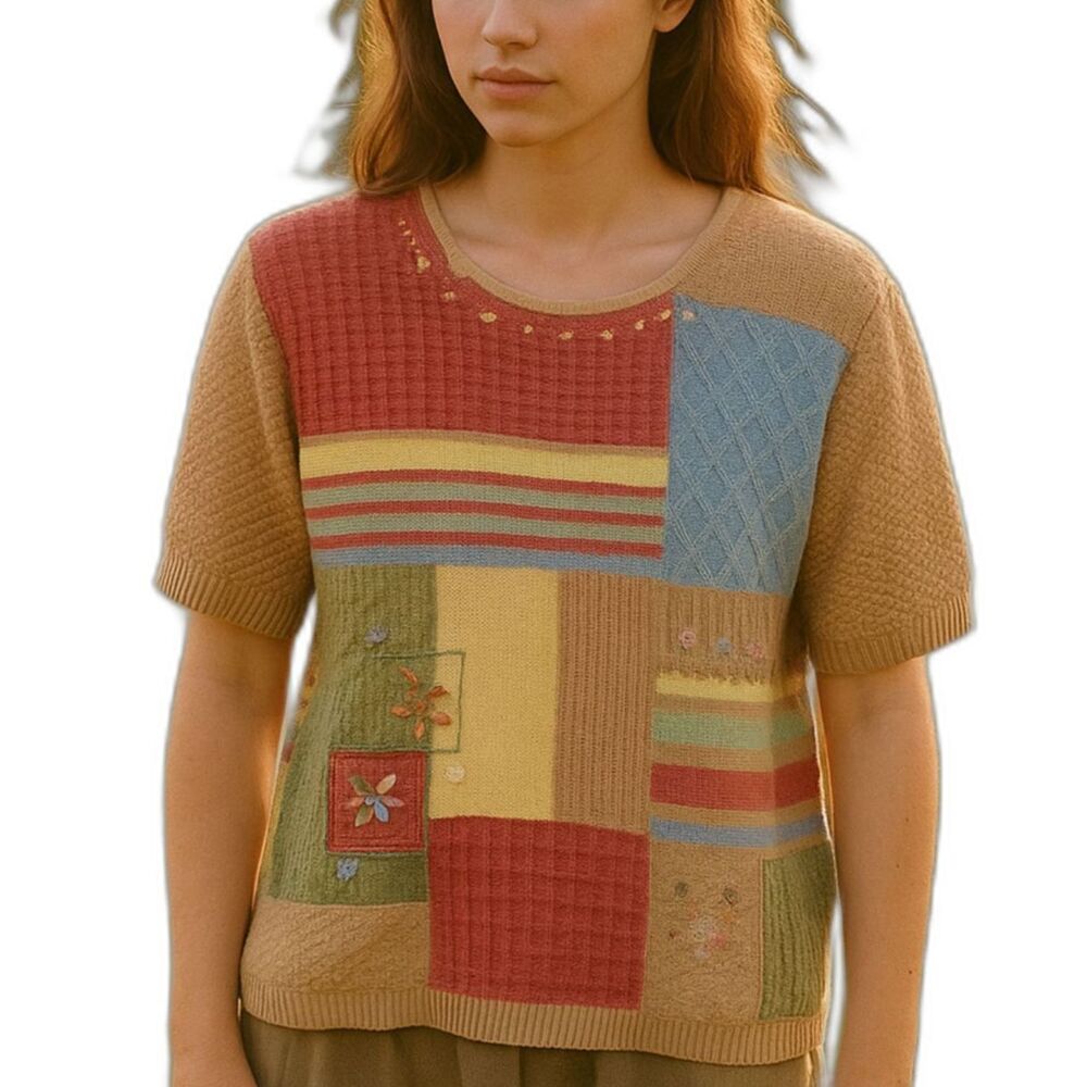 Vintage Patchwork Cottagecore Textured Knit Embroidered Blouse Size L Prairie